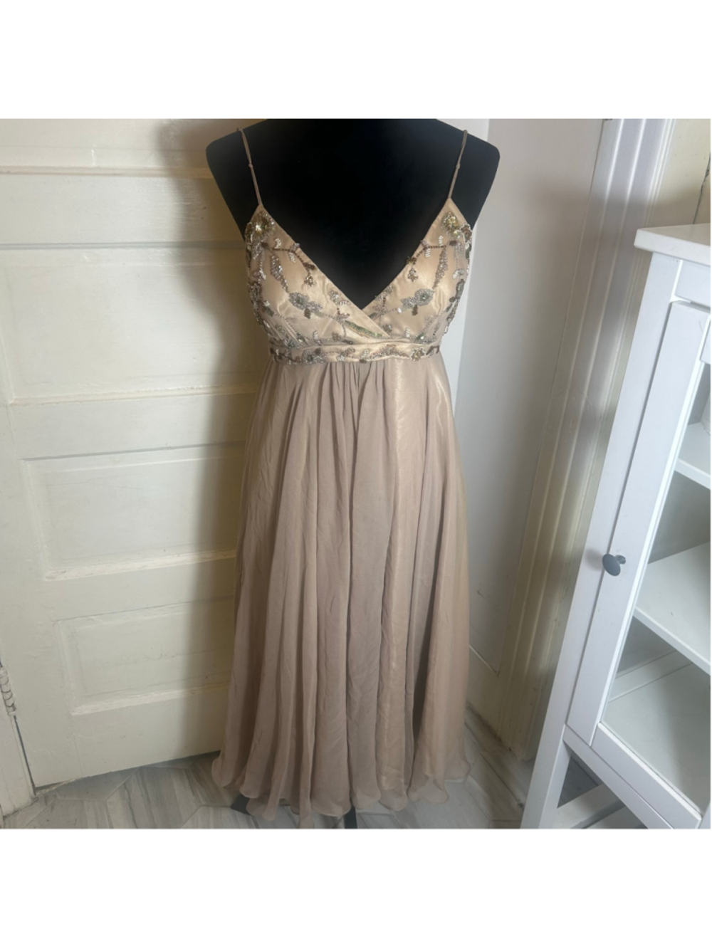 Scala Y2K Beaded Silk Slip Dress Size M Fairycore Prom Babydoll Ruffled Ethereal